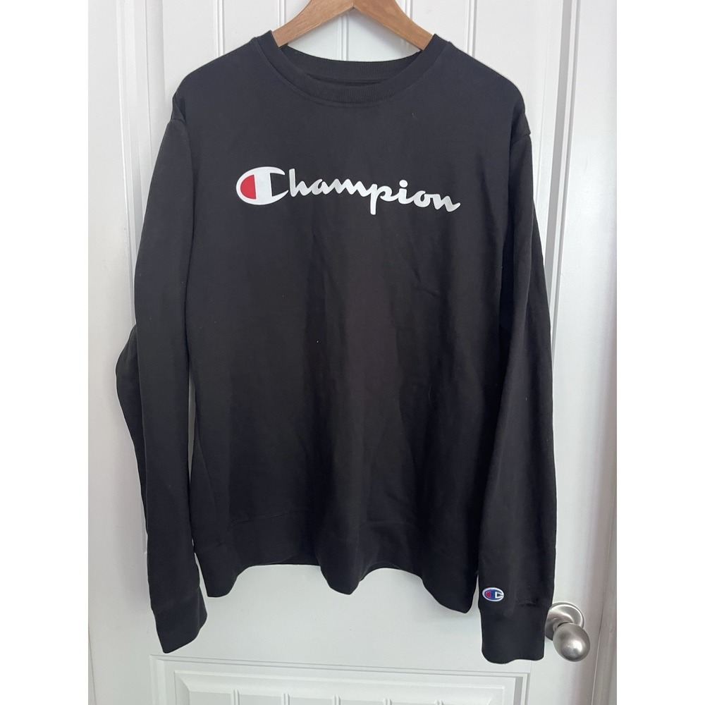 Champion Lg Crewneck Sweatshirt Solid Black Casual Logo Cotton Blend 521